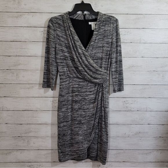 White House Black Market Gray Black Spacedye Soft Knit Faux Wrap Dress Size 4 - Picture 8 of 13